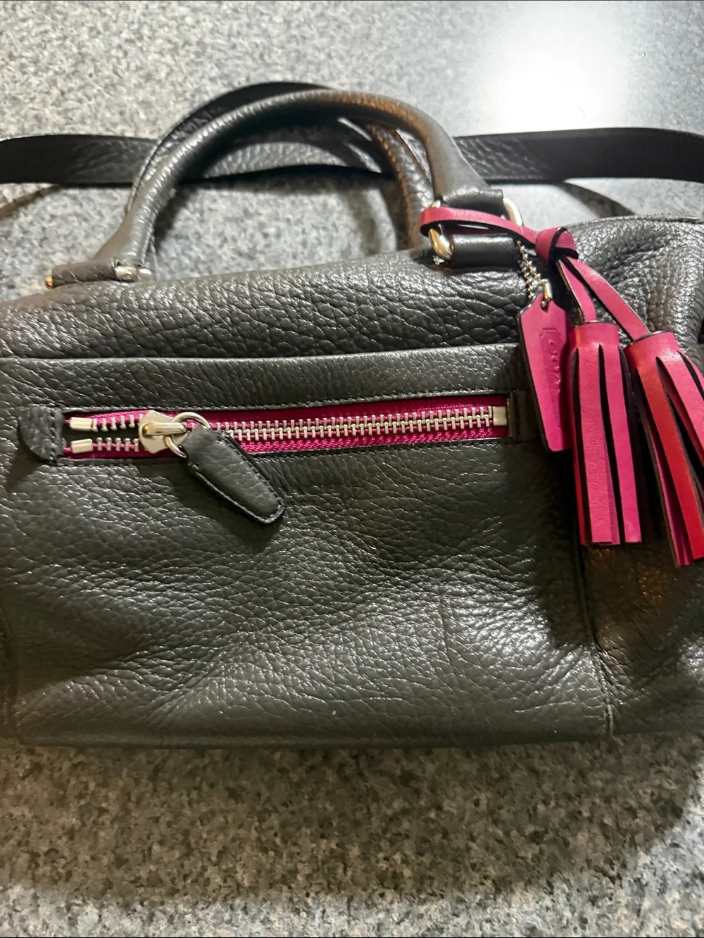 Coach Black Leather Satchel with Pink Tassel and Zipper Trim